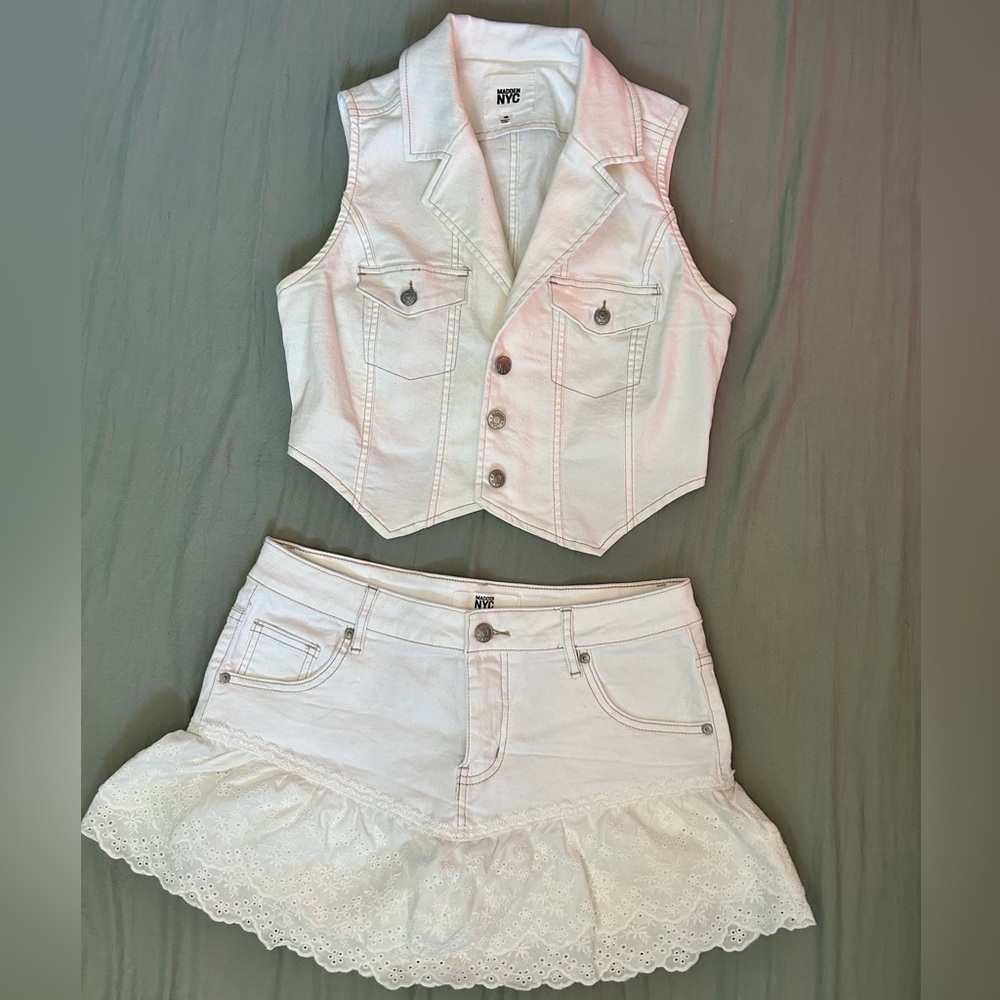 White Denim Skirt with Lace Trim & Matching Vest